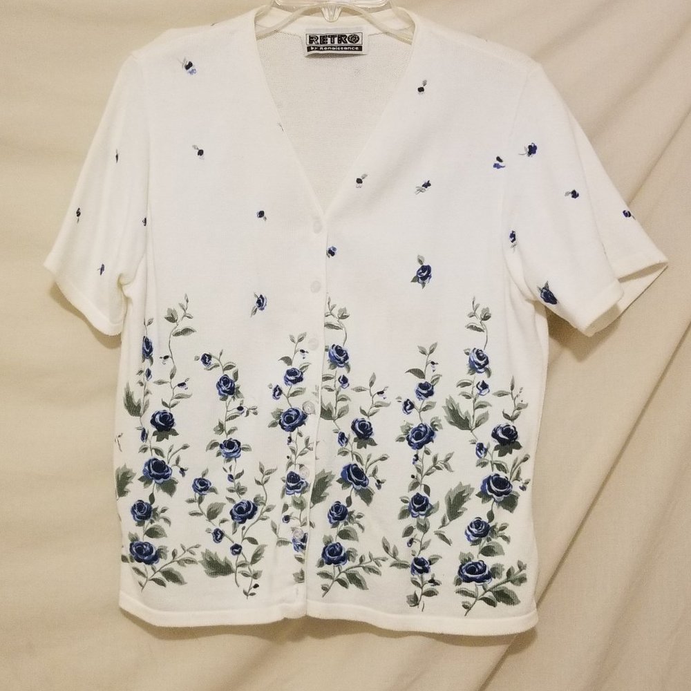 Vintage Retro by Renaissance White Button Up Top w/Printed Dark Blue Flowers  L